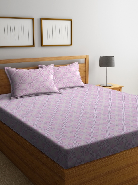 Cortina Pink Geometric 144 TC Cotton 1 Double Queen Bedsheet with 2 Pillow Covers