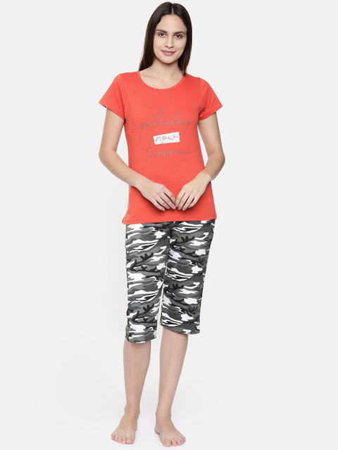 Clt.s Women Rust Orange & Grey Printed Night suit
Clt.s Women Rust Orange & Grey Printed Night suit