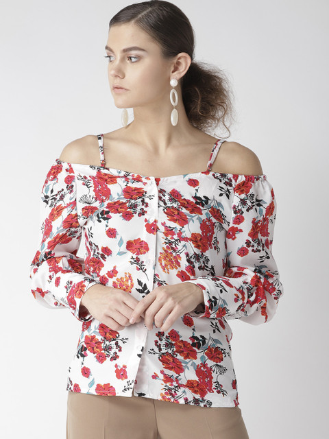 U&F Women White & Red Floral Printed Bardot Top 
U&F Women White & Red Floral Printed Bardot Top