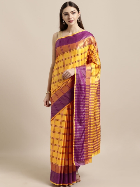 GoSriKi Mustard Yellow & Purple Checked Art Silk Saree