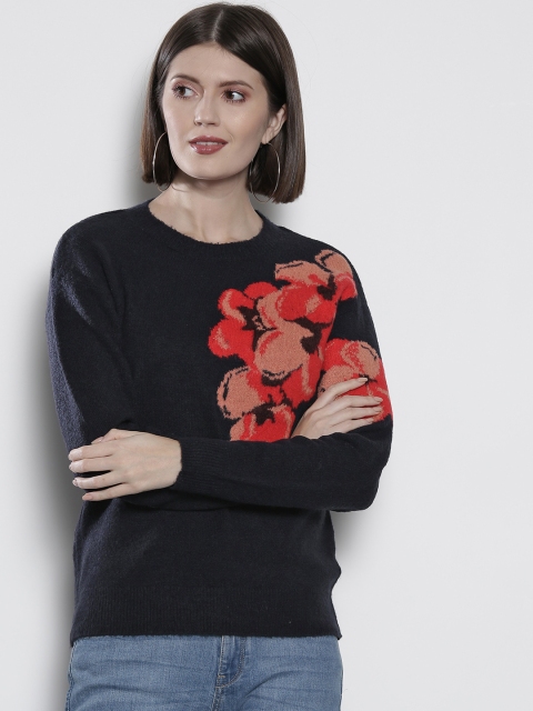 DOROTHY PERKINS Women Navy Blue & Orange Self Design Sweater