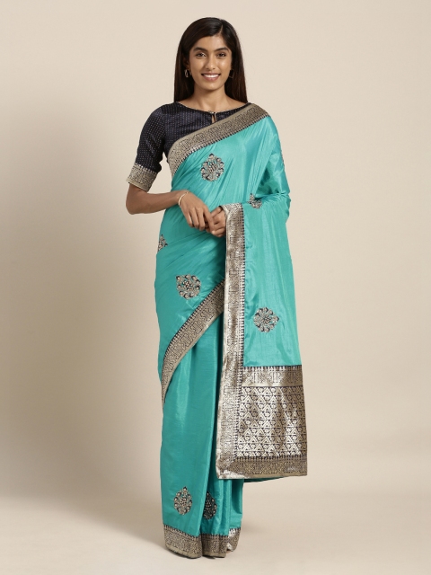 Mitera Turquoise Blue Embroidered Poly Silk Saree