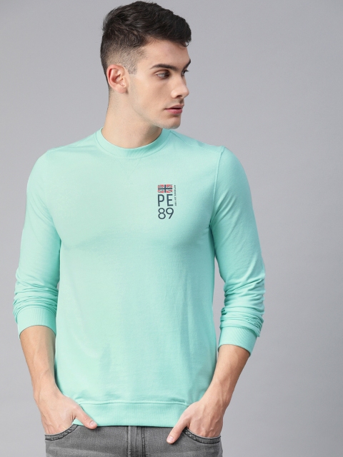 Peter England Men Turquoise Blue Solid Sweatshirt