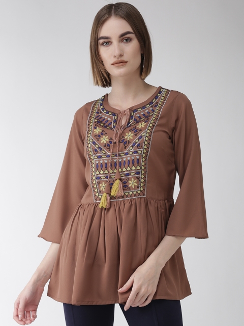 plusS Women Brown & Blue Embroidered A-Line Top