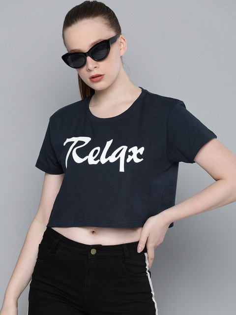 DILLINGER Women Navy Blue White Printed Round Neck Boxy Crop Pure Cotton T-shirt 
DILLINGER Women Navy Blue White Printed Round Neck Boxy Crop Pure Cotton T-shirt