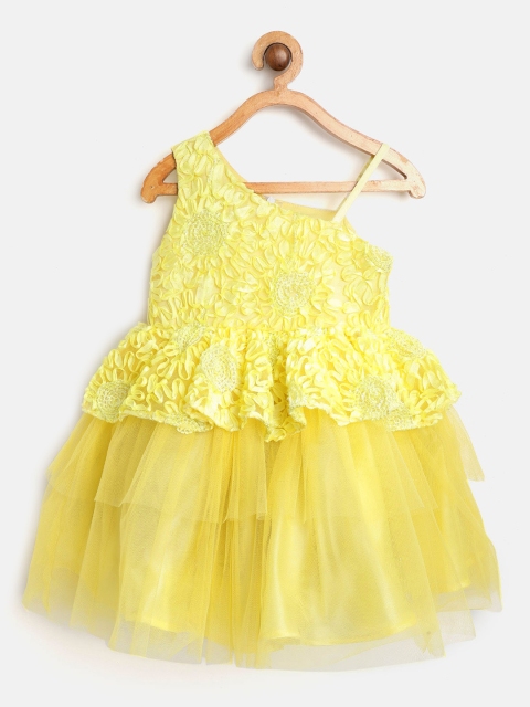 pspeaches Girls Yellow Net Self Design One Shoulder Fit & Flare Dress