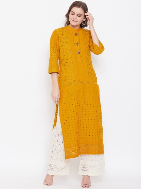 Kurti's by Menka Women Mustard Yellow & Off-White Schiffli Embroidered Kurta with Palazzos
Kurti's by Menka Women Mustard Yellow & Off-White Schiffli Embroidered Kurta with Palazzos