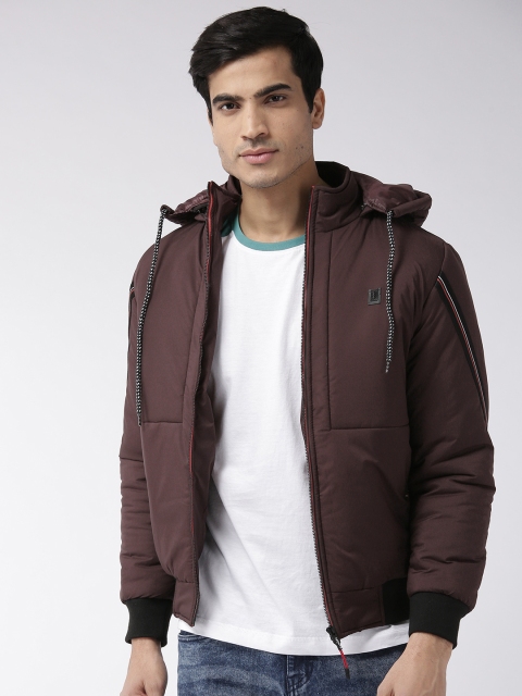 Fort Collins Men Burgundy Solid Hooded Padded Bomber Jacket