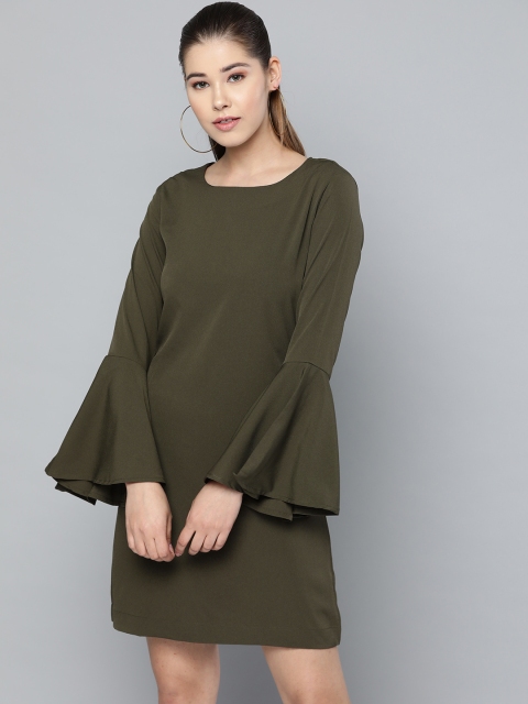 Trend Arrest Women Olive Green Solid A-Line Dress