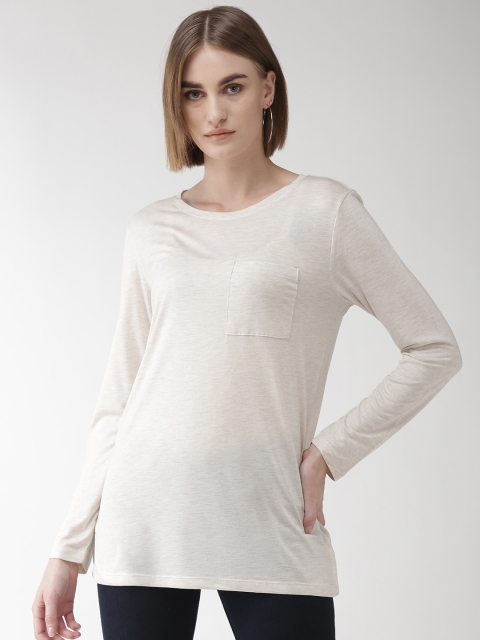 Marks & Spencer Women Beige Solid Longline Round Neck T-shirt