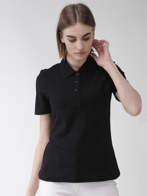 Marks & Spencer Women Black Solid Polo Collar T-shirt