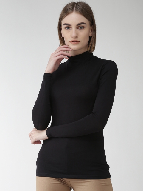 Marks & Spencer Women Black Solid High Neck Fitted T-shirt