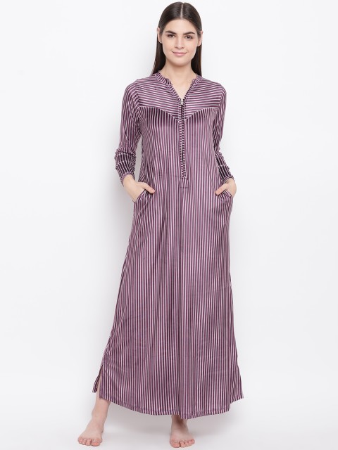 Sweet Dreams Purple & White Striped Maxi Nightdress With Velvet Finish