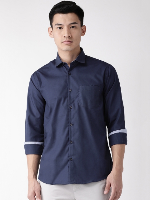 Chkokko Men Navy Blue Slim Fit Solid Casual Shirt