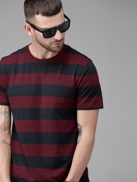 Roadster Men Maroon & Navy Blue Striped Round Neck T-shirt