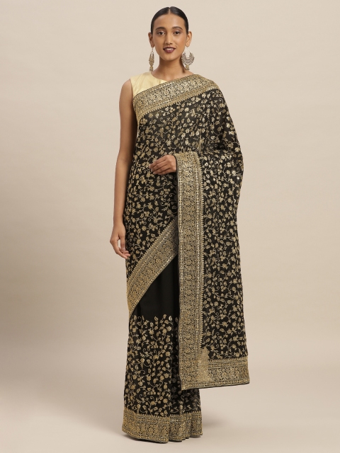 Soch Black & Gold-Toned Poly Georgette Embroidered Saree