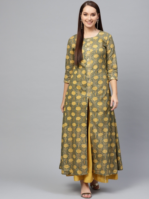 Ishin Women Grey & Mustard Yellow Printed Kurta with Palazzos