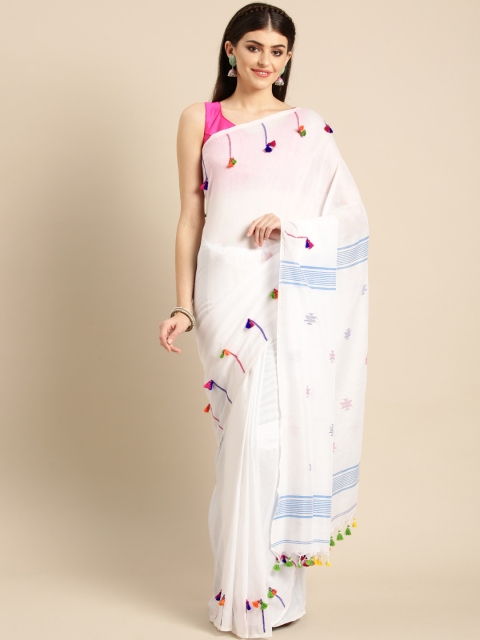 FIROZA White & Blue Handloom Pure Cotton Solid Saree