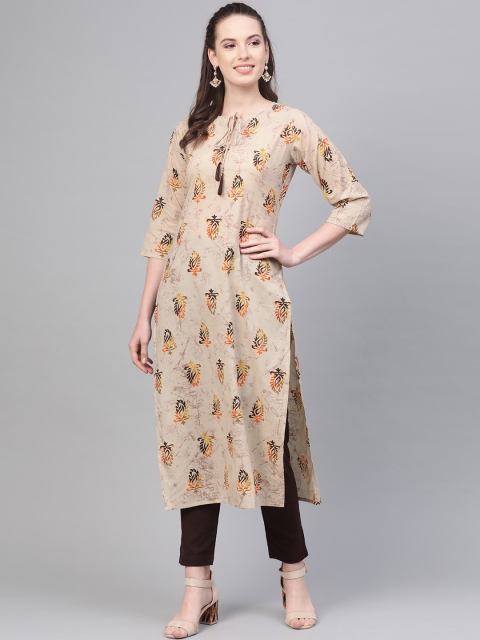 Nayo Women Beige & Coffee Brown Printed Kurta with Trousers