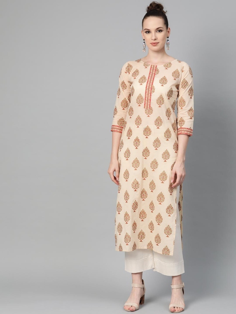 Nayo Women Cream-Coloured & Pink Printed Straight Kurta
