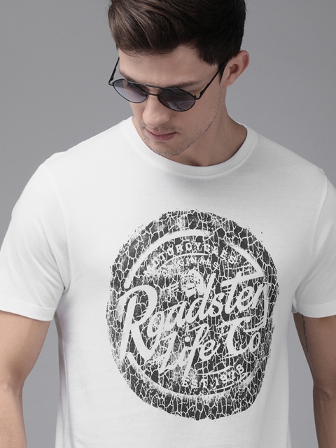 Roadster Men White Printed Round Neck T-shirt