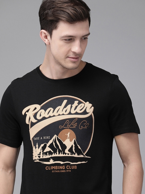 The Roadster Lifestyle Co Men Black Brand Carrier Printed Round Neck Pure Cotton T-shirt