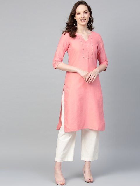 W Women Pink Yoke Design Straight Kurta