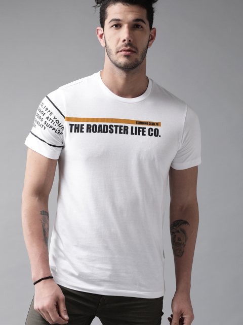 Roadster Men White & Black Printed Round Neck T-shirt