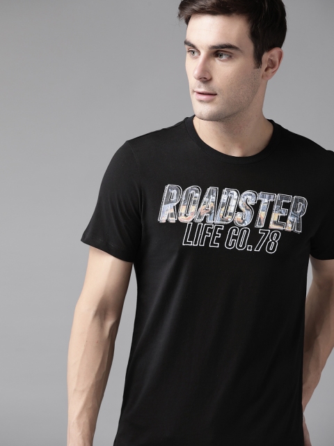 Roadster Men Black & White Self-Design Round Neck T-shirt