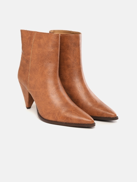 CORSICA Women Tan Brown Snakeskin Textured Mid-Top Heeled Boots