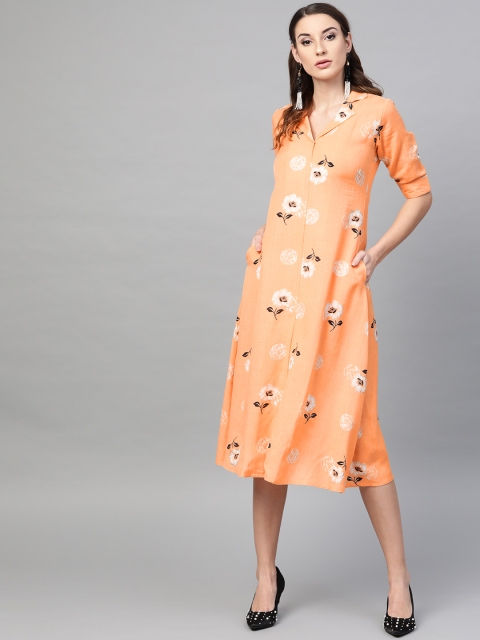 GERUA Women Orange & White Floral Print Midi A-Line Dress