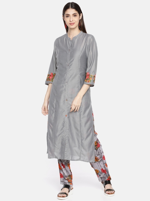 Neerus Women Grey & Red Solid Kurta with Trousers