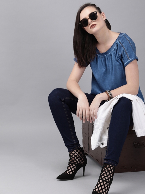 The Roadster Lifestyle Co Women Blue Solid Top With Cut-Out Detail