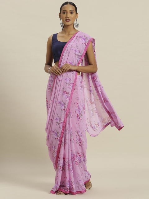 Satrani Pink Printed Poly Chiffon Saree