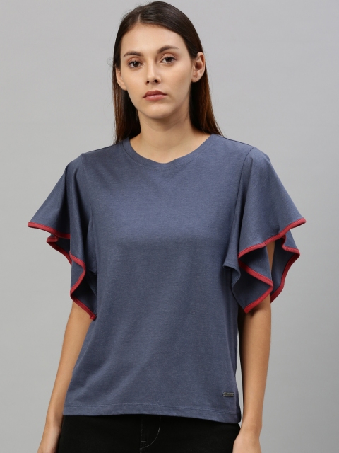 Roadster Women Blue Solid Top With Flutter Sleeves