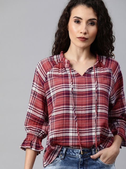 The Roadster Lifestyle Co Women Maroon & White Checked Top