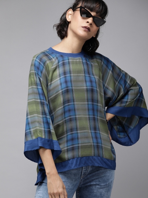 The Roadster Lifestyle Co Women Olive Green & Blue Checked Plaid Sustainable Top with Flared Sleeves
The Roadster Lifestyle Co Women Olive Green & Blue Checked Plaid Sustainable Top with Flared Sleeves