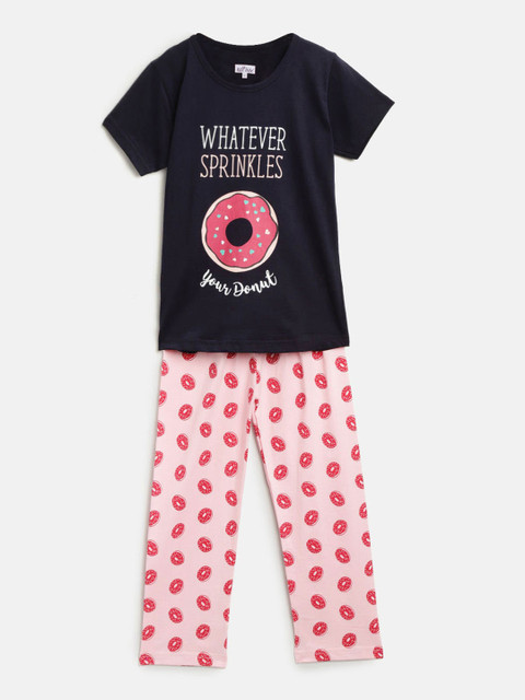 Nite Flite Girls Navy Blue & Pink Printed Night suit 
Nite Flite Girls Navy Blue & Pink Printed Night suit