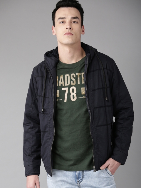 Roadster Men Navy Blue Self Checked Hooded Padded Jacket