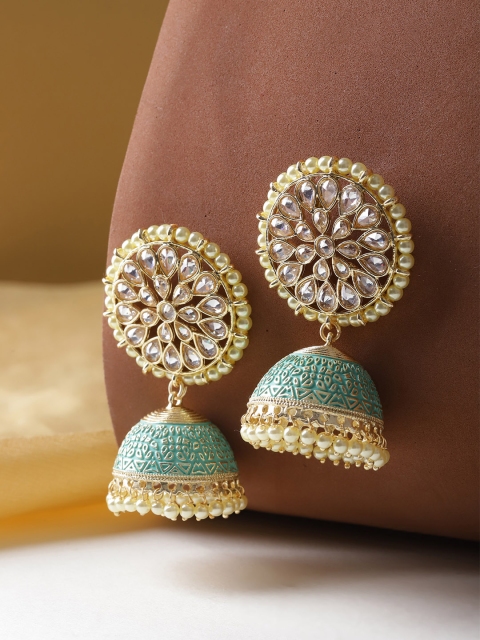 Melani Borsa Sea Green & Off-White Gold-Plated AD Studded Handcrafted Dome Shaped Jhumkas
Melani Borsa Sea Green & Off-White Gold-Plated AD Studded Handcrafted Dome Shaped Jhumkas