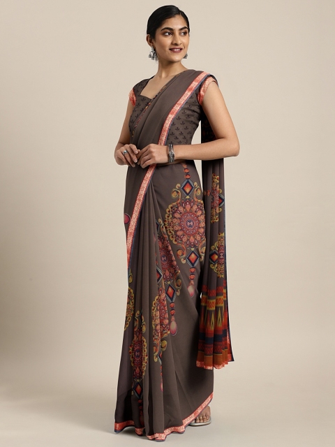 Triveni Brown Printed Poly Georgette Saree