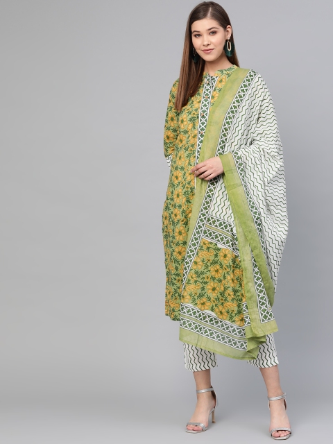 Shree Women Green & Yellow Printed Kurta with Trousers & Dupatta