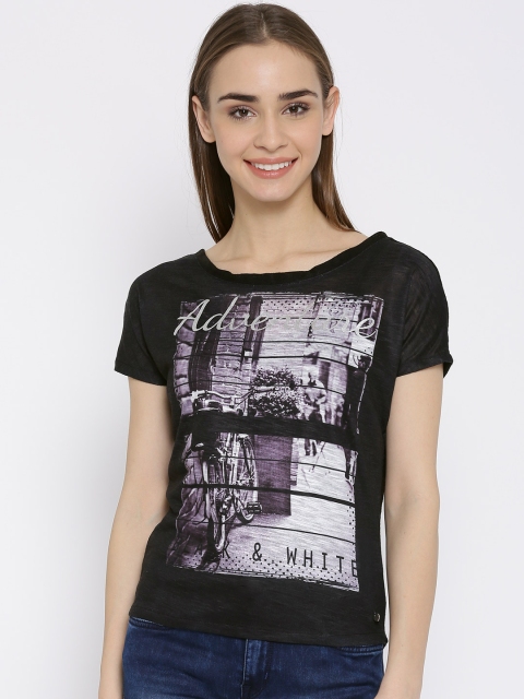 ELLE Women Black Printed Semi-Sheer Top