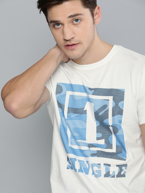 SINGLE Men White Printed Round Neck Slim Fit T-shirt