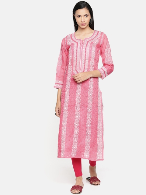 ADA Women Pink & White Embroidered Straight Kurta