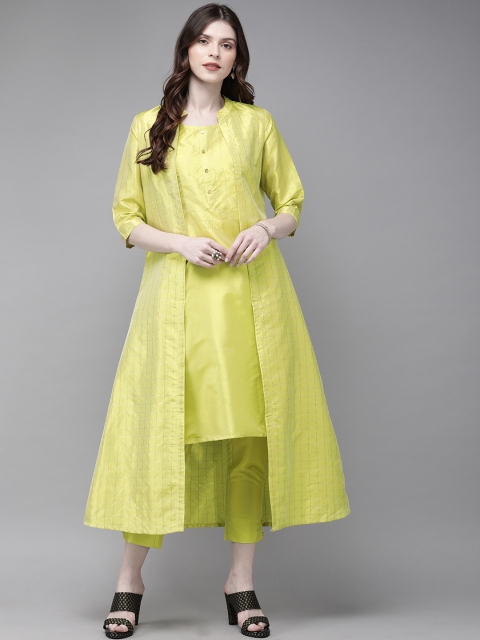 Alena Women Green & Gold-Toned Checked Layered Fusion Kurta with Trousers and Jacket
Alena Women Green & Gold-Toned Checked Layered Fusion Kurta with Trousers and Jacket
