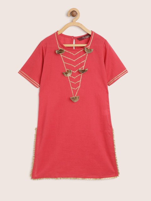 Sangria Girls Pink Yoke Design Straight Kurta with Gotta Patti Work