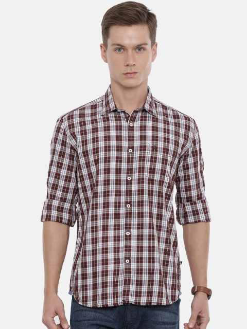 Parx Men Brown & White Slim Fit Checked Casual Shirt
