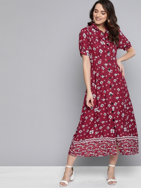 HERE&NOW Women Red Floral Printed Fit and Flare Dress