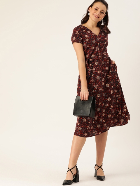 DressBerry Coffee Brown & Red Floral Printed Fit and Flare Sustainable Dress With Tie-Ups
DressBerry Coffee Brown & Red Floral Printed Fit and Flare Sustainable Dress With Tie-Ups